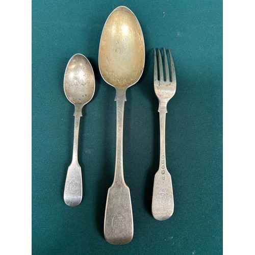 4 - Victorian Sterling silver table spoon, fork and teaspoon in the fiddle pattern, London 1845, Chawner... 
