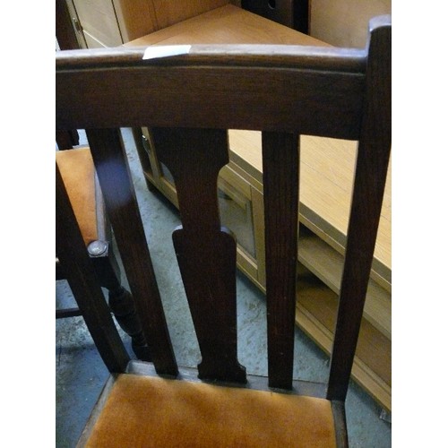 429 - A SET OF 4 OAK HIGH BACK DINING CHAIRS WITH TERRACOTTA UPHOLSTERY SEATS