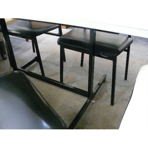 449 - A RETRO 1960'S STYLE FORMICA KITCHEN TABLE AND SET OF 4 PATENT BLACK CHAIRS BY PROGRAM