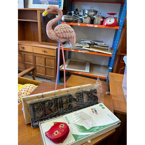 549 - PINK FLAMINGO, FRIENDS WALL SIGN, CLICK & STORE CD BOX AND KITTY PURSE