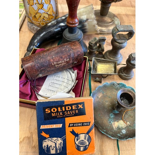 550 - VINTAGE LOT INC WEIGHTS, BRASS BELL, LAMP, STEIN, HORN ETC