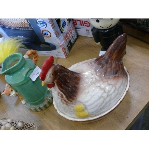 538 - CHICKEN EGG CROCK AND A COUNTRY KITCHEN CAT & MILK JUG CHURN