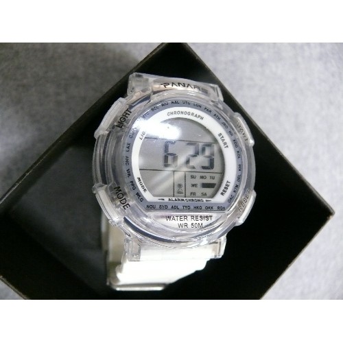 40 - PANARS LCD WATCH WITH WHITE PLASTIC STRAP