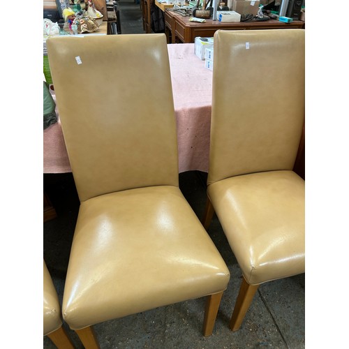 112B - FOUR HIGH BACKED DINING CHAIRS - OAK FRAMES - GOOD CONDITION - TAN/BEIGE COLOUR