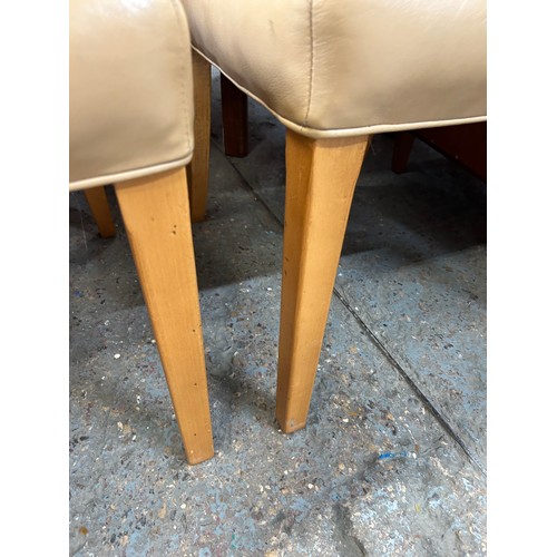 112B - FOUR HIGH BACKED DINING CHAIRS - OAK FRAMES - GOOD CONDITION - TAN/BEIGE COLOUR