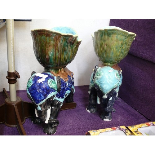 149 - 2 X VINTAGE MAJOLICA ELEPHANT JARDINIERE'S, SOME DAMAGE AND REPAIRS