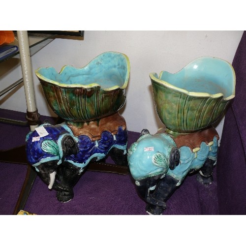 149 - 2 X VINTAGE MAJOLICA ELEPHANT JARDINIERE'S, SOME DAMAGE AND REPAIRS