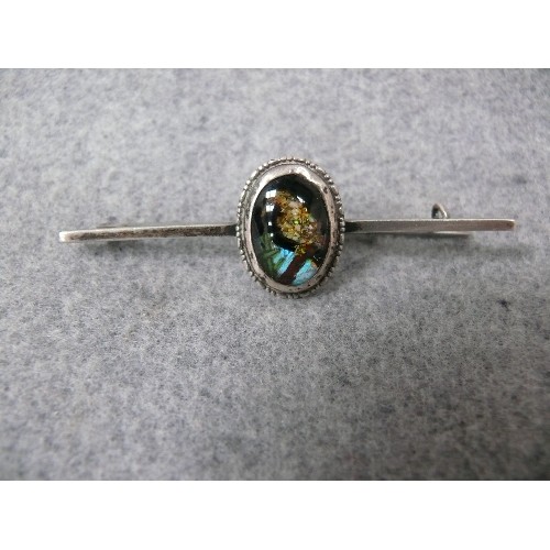 27 - ANTIQUE STERLING SILVER BAR BROOCH WITH BUTTERFLY WING CRYSTAL