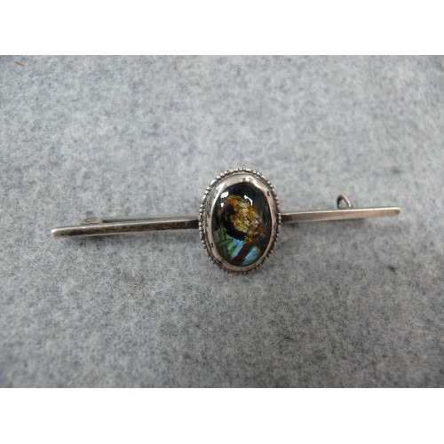 27 - ANTIQUE STERLING SILVER BAR BROOCH WITH BUTTERFLY WING CRYSTAL