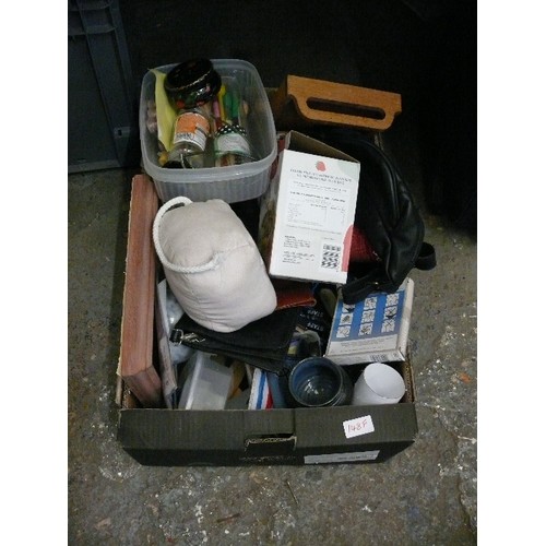 148F - BOX OF MIXED ITEMS INCLUDING PURSES, SUNGLASSES, MAD MILLIE, KOMBUCHA KIT, ORNAMENTS, VASES ETC.