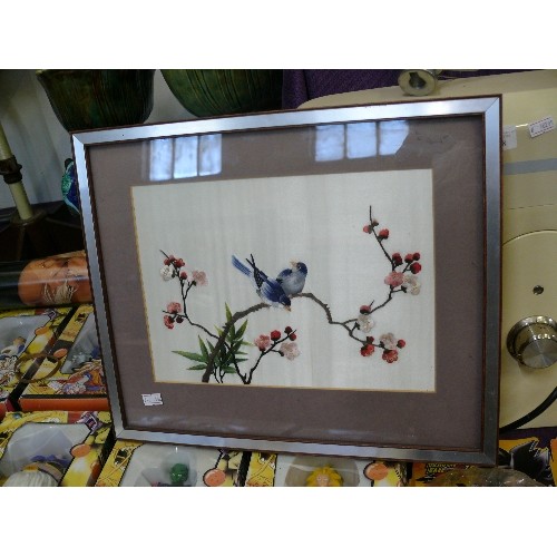 152 - HAND EMBROIDERED SILK PICTURE, BIRDS ON BLOSSOM, FRAMED AND GLAZED