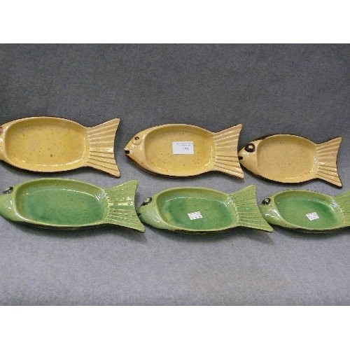 154 - 6 FRENCH POTTERY FISH SERVING DISHES -  IN YELLOW AND 3 IN GREEN