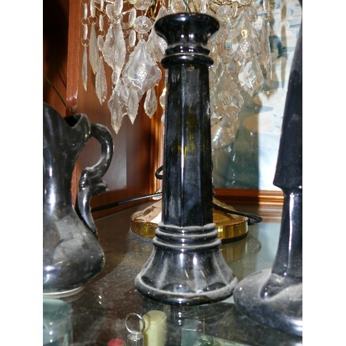 168 - A PAIR OF BLACK CERAMIC FIGURINES PLUS A CANDLESTICK AND A JUG