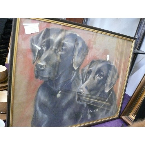 171 - SIGNED PAINTING OF 2 BLACK LABRADORS, FRAMED AND GLAZED