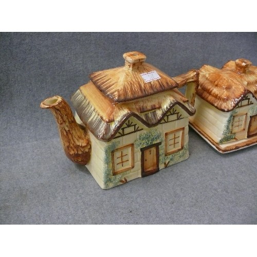 187 - THATCHED COTTAGE CERAMIC TEAPOT, CREAMER AND BUTTER DISH