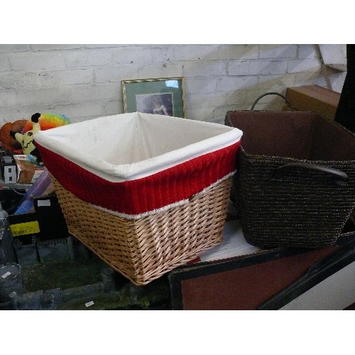 206 - WICKER BASKET WITH COTTON LINER AND A BROWN BASKET WITH HANDLES