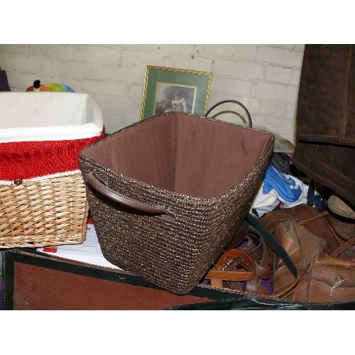 206 - WICKER BASKET WITH COTTON LINER AND A BROWN BASKET WITH HANDLES