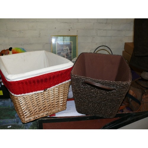 206 - WICKER BASKET WITH COTTON LINER AND A BROWN BASKET WITH HANDLES