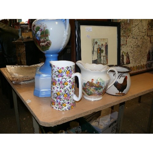 251 - A LOVELY VINTAGE CERAMIC URN ON STAND, 2 DECORATIVE CERAMIC JUGS PLUS A CHICKEN COFFEE POT