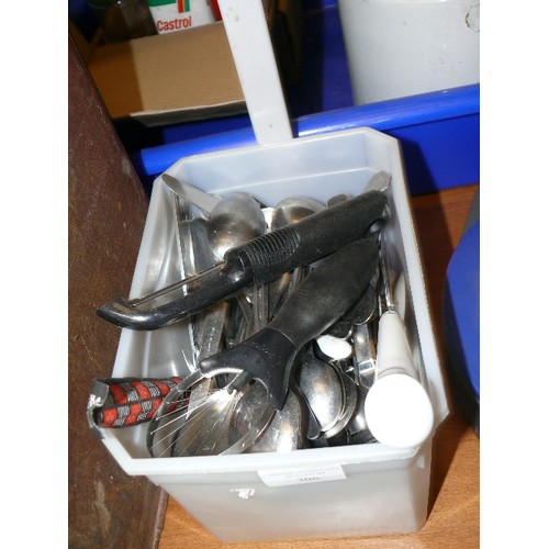 306 - A TUB OF CUTLERY AND KITCHEN UTENSILS