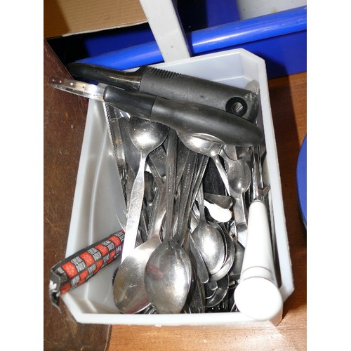 306 - A TUB OF CUTLERY AND KITCHEN UTENSILS