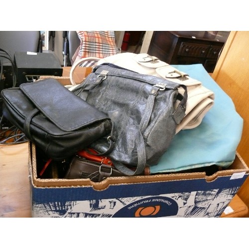 445 - A LARGE BOX OF VARIOUS LADIES HANDBAGS TO INCLUDE SOME NEW AND SOME LEATHER