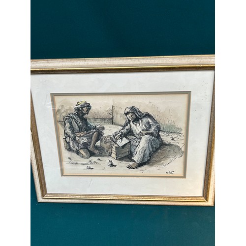 525 - An unusual pen and wash watercolour of a couple writing a letter, entitled 