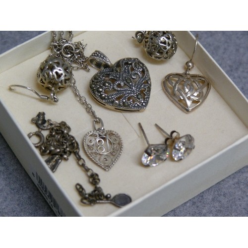 30 - A COLLECTION OF SILVER ITEMS NECKLACE AND PENDANT 2 PAIRS OF EARRINGS AND 1 ODD, SMALL SILVER CHARM ... 