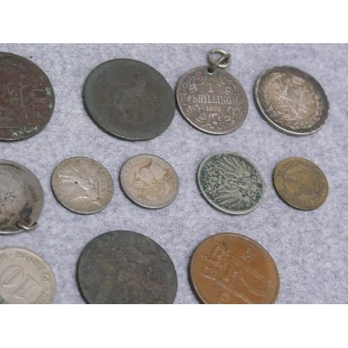 34 - INTERESTING LOT OF COINS AND COIN PENDANTS TO INCLUDE AN 1819 SILVER SHILLING, AFGHANISTAN 1 RUPEE, ... 