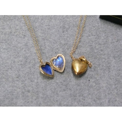 42 - 2 9CT GOLD HEART SHAPED PENDANTS ON GOLD CHAINS WEIGHT 6.48GR