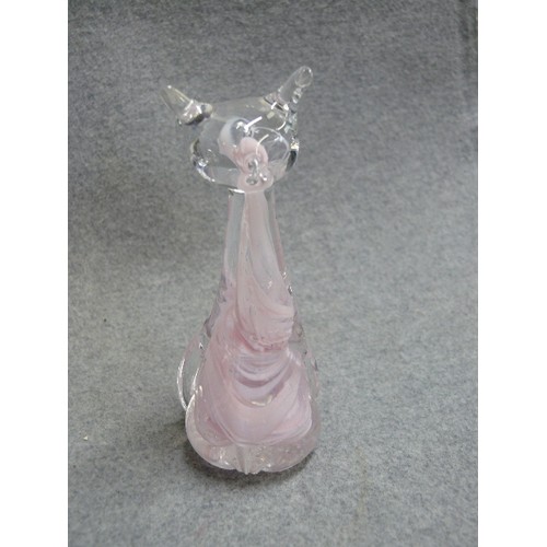 76 - A PINK GLASS CAT BY ALUM BAY GLASS, SMALL CRYSTAL ELEPHANT AND A SMALL PURPLE GLASS BOTTLE.