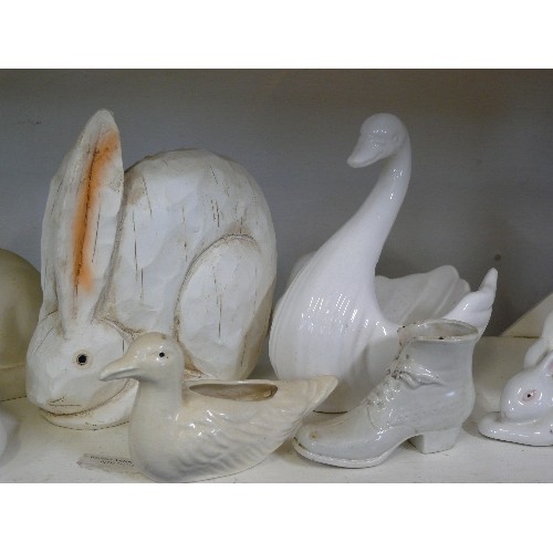 96 - A COLLECTION OF DECORATIVE WHITE CERAMIC ORNAMENTS RABBITS, BIRDS ETC PLUS A WOODEN HARE FIGURE