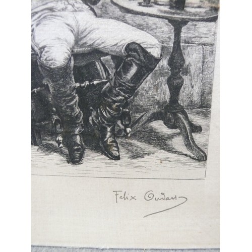 114 - AN  EARLY 1900'S ENGRAVING PRINTED ON SILK AND LAID TO CARD SIGNED BY FELIX OUDART