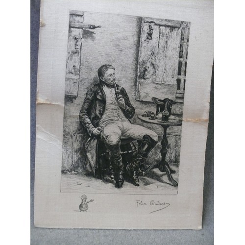 114 - AN  EARLY 1900'S ENGRAVING PRINTED ON SILK AND LAID TO CARD SIGNED BY FELIX OUDART