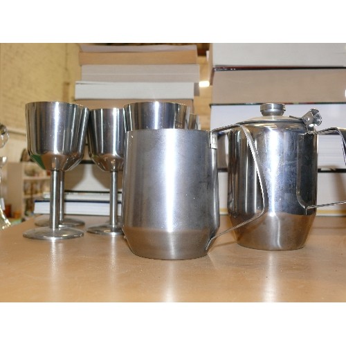 301 - A SELECTION OF STAINLESS STEEL GOBLETS, JUGS ETC