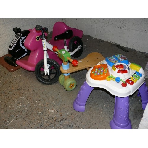 349 - A SELECTION OF BABY/TODDLER TOYS TO INCLUDE BALANCE BIKE, ACTIVITY TABLE, PONY ROCKER ETC