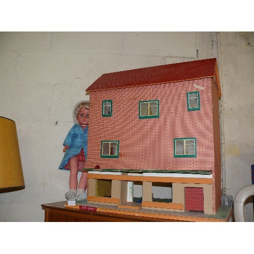 433 - A LARGE VINTAGE WOODEN DOLLS HOUSE AND LARGE DOLL