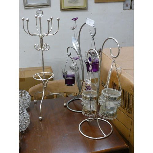 453 - 2 METAL CANDLE HOLDER STANDS AND A JEWELLERY STAND