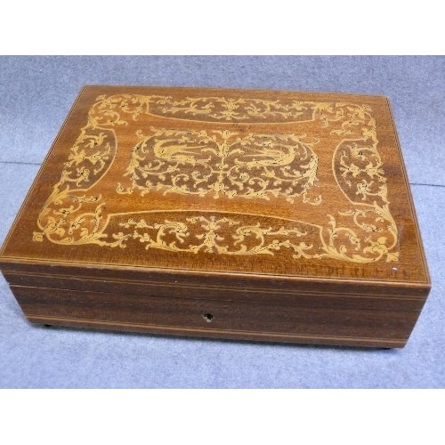 61 - A VINTAGE WOODEN INLAID MUSICAL CIGARETTE BOX WITH MYTHICAL DRAGONS