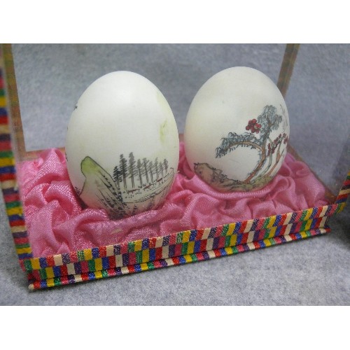 95 - 3 PAIRS OF BEAUTIFUL HAND PAINTED EGGS IN DISPLAY CASES