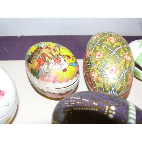 84 - A COLLECTION OF CERAMIC AND METAL EGG TRINKET POTS/TINS