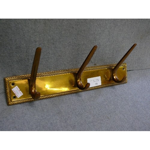 68 - A SET OF 3 BRASS WALL MOUNTED COAT HOOKS