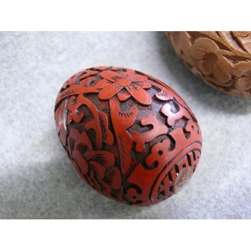 82 - 3 VERY NICE ORNATELY CARVED EGGS