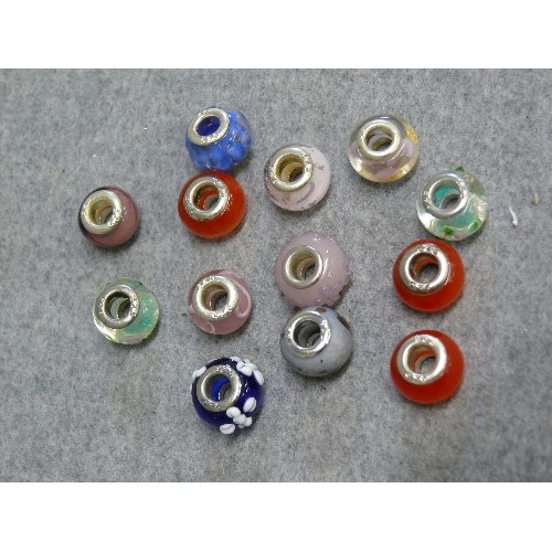 30 - 13 x silver and glass charm beads, marked 925, blues, greens, purples