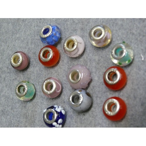 30 - 13 x silver and glass charm beads, marked 925, blues, greens, purples