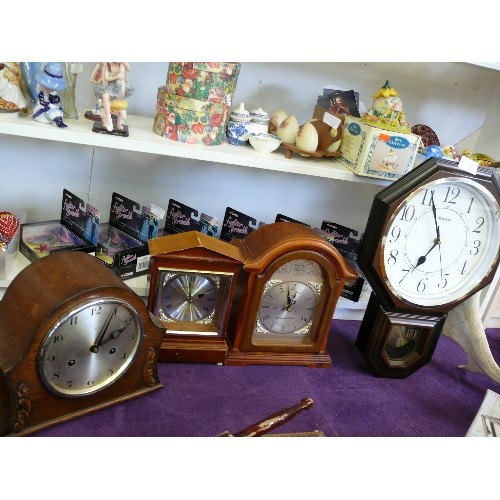 77 - 3 DECORATIVE WOODEN MANTLE CLOCKS PLUS A WALL CLOCK