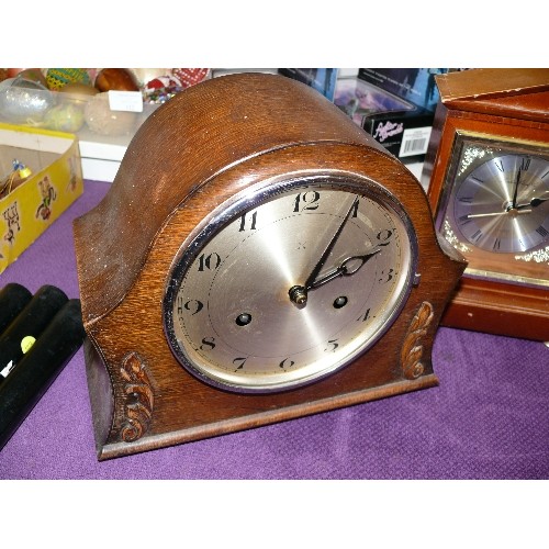 77 - 3 DECORATIVE WOODEN MANTLE CLOCKS PLUS A WALL CLOCK