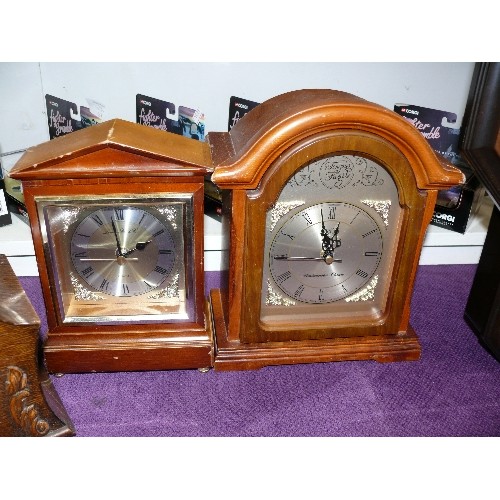 77 - 3 DECORATIVE WOODEN MANTLE CLOCKS PLUS A WALL CLOCK