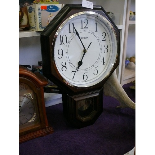 77 - 3 DECORATIVE WOODEN MANTLE CLOCKS PLUS A WALL CLOCK