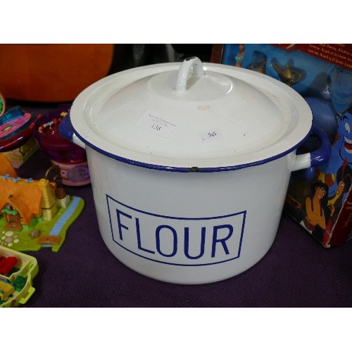 138 - A LARGE WHITE AND BLUE ENAMEL FLOUR PAN